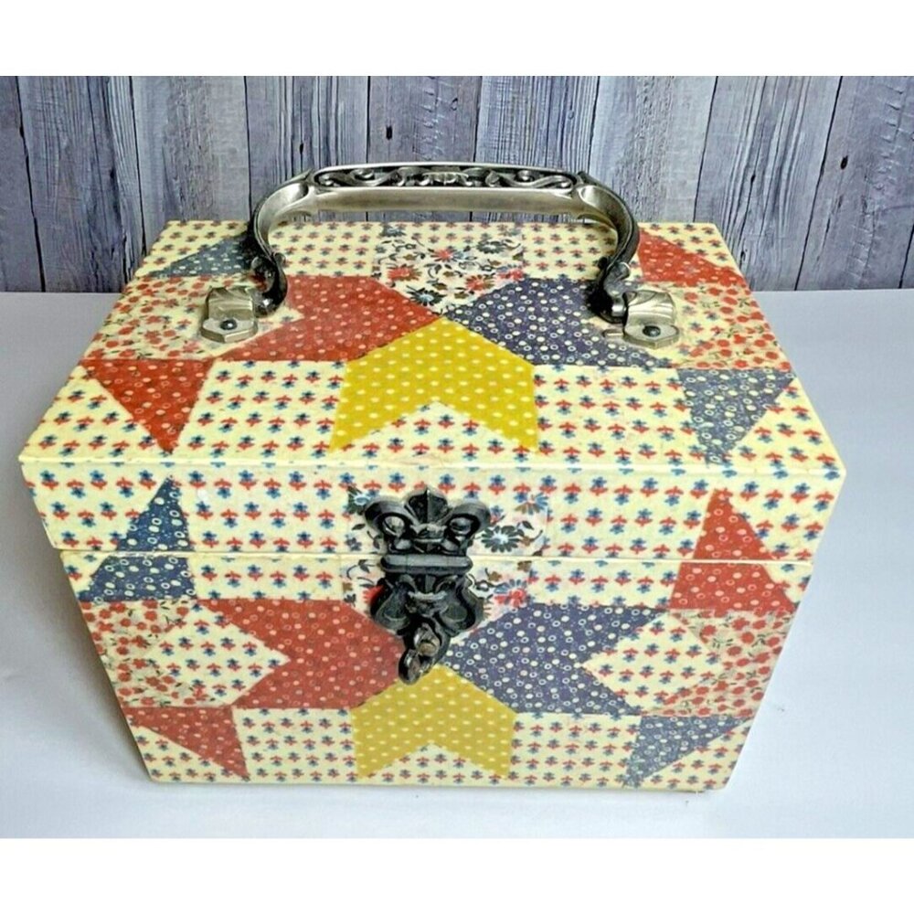 1970s Wooden Trinket Case Box Patchwork Design 7" x 5.5" x 5" with handle